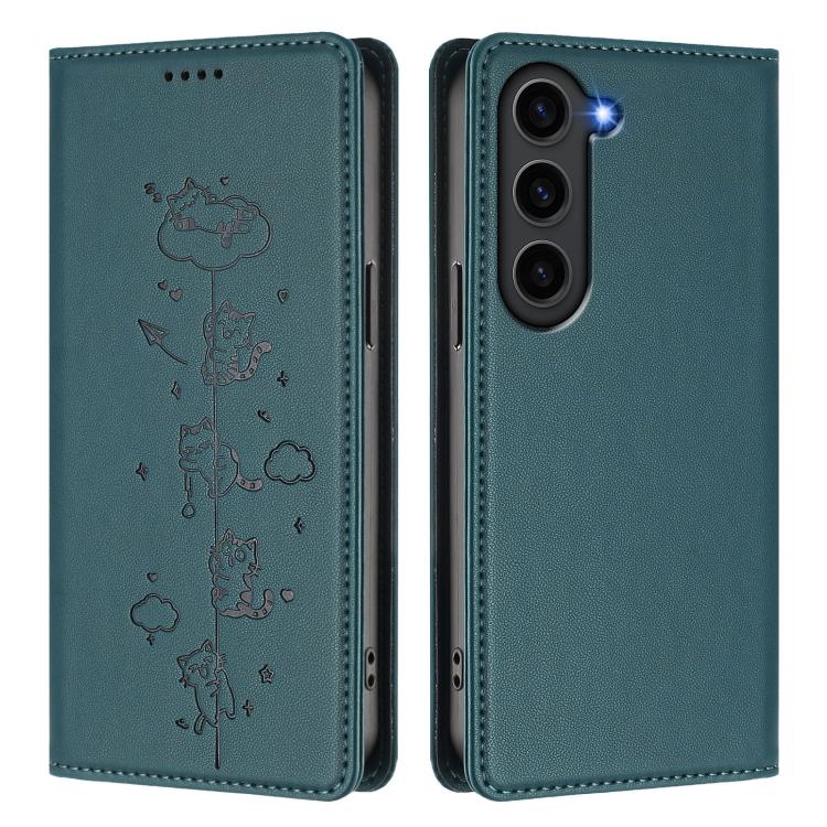 For Samsung Galaxy S23+ 5G Cute Cats Embossed Magnetic RFID Vegan Leather Phone Case