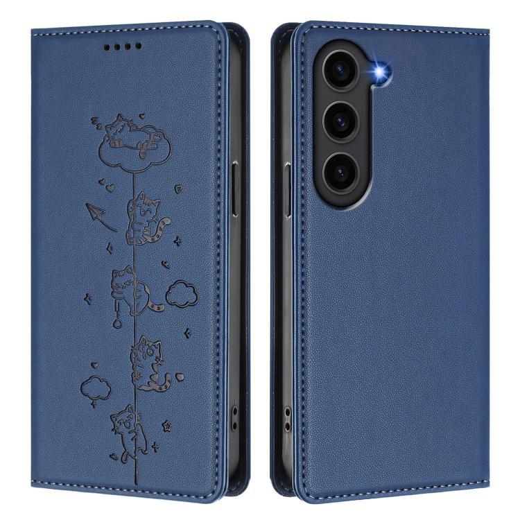 For Samsung Galaxy S23+ 5G Cute Cats Embossed Magnetic RFID Vegan Leather Phone Case