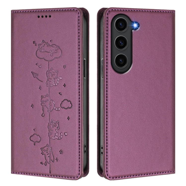 For Samsung Galaxy S23+ 5G Cute Cats Embossed Magnetic RFID Vegan Leather Phone Case