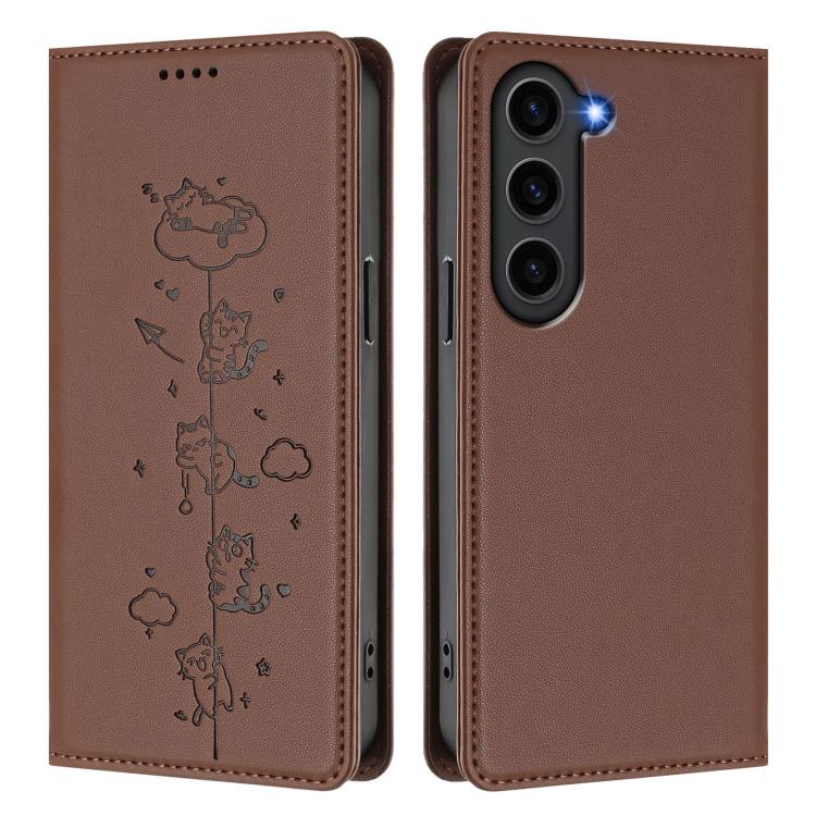 For Samsung Galaxy S23+ 5G Cute Cats Embossed Magnetic RFID Vegan Leather Phone Case