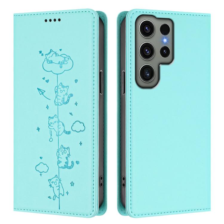 For Samsung Galaxy S23 Ultra 5G Cute Cats Embossed Magnetic RFID Vegan Leather Phone Case