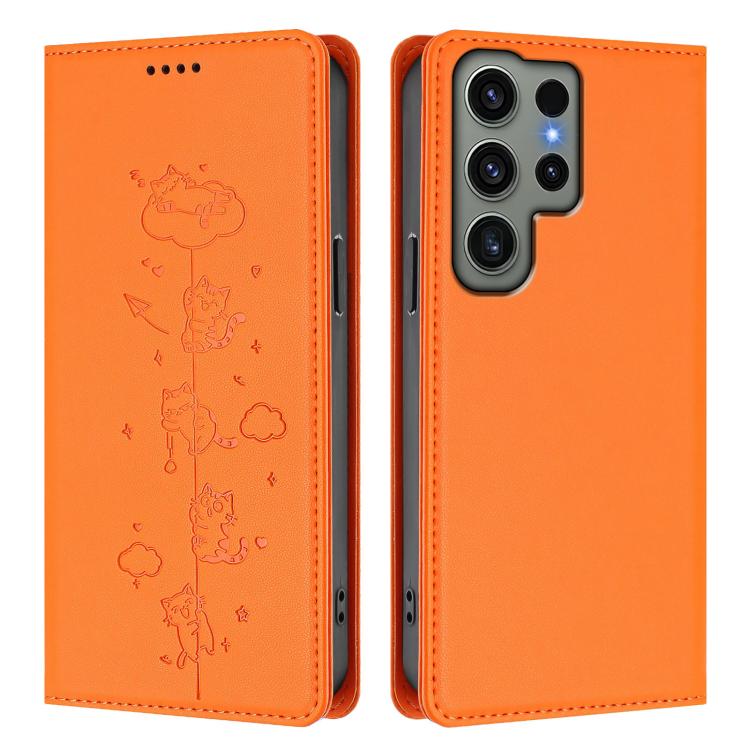 For Samsung Galaxy S23 Ultra 5G Cute Cats Embossed Magnetic RFID Vegan Leather Phone Case