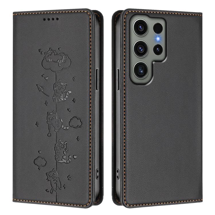For Samsung Galaxy S23 Ultra 5G Cute Cats Embossed Magnetic RFID Vegan Leather Phone Case
