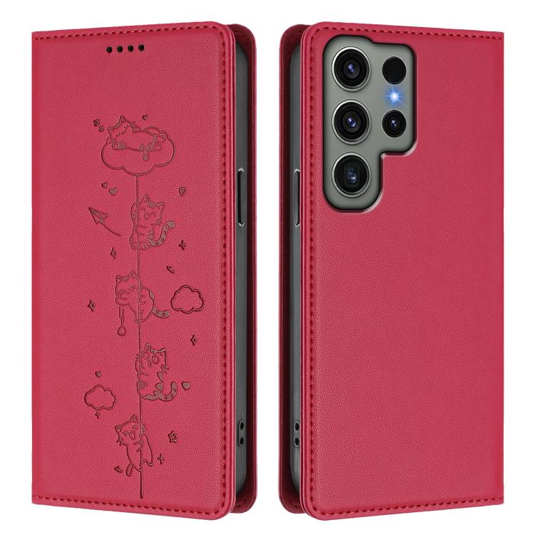 For Samsung Galaxy S23 Ultra 5G Cute Cats Embossed Magnetic RFID Vegan Leather Phone Case