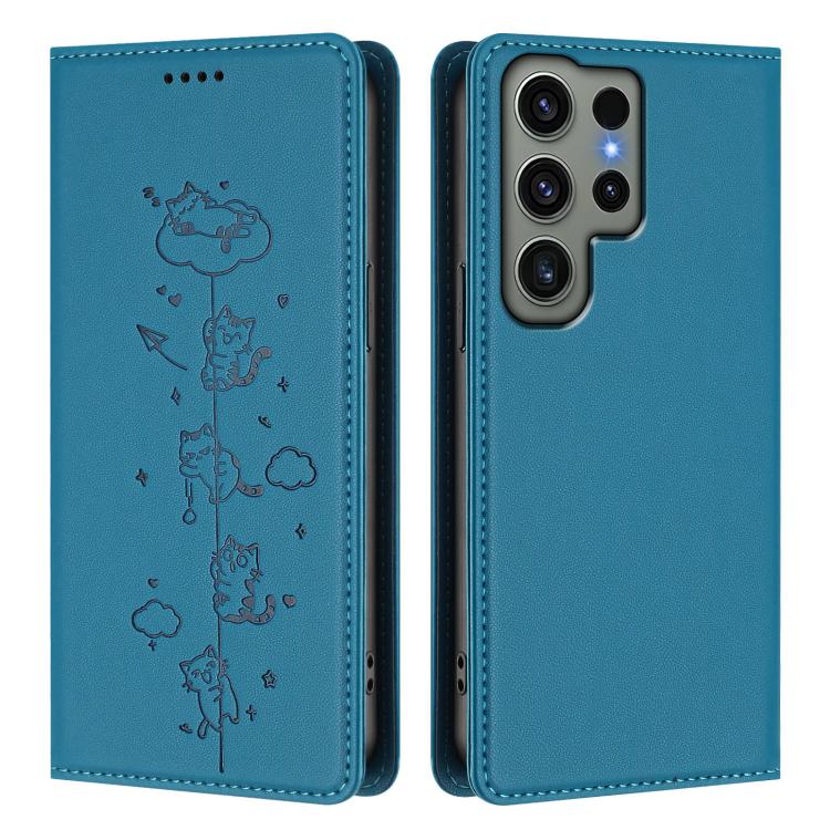 For Samsung Galaxy S23 Ultra 5G Cute Cats Embossed Magnetic RFID Vegan Leather Phone Case