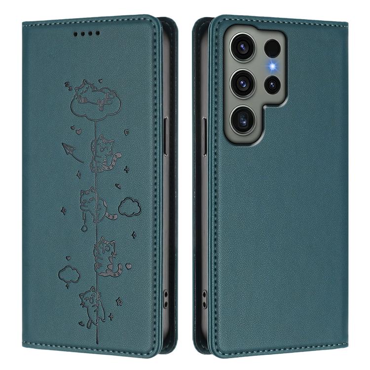For Samsung Galaxy S23 Ultra 5G Cute Cats Embossed Magnetic RFID Vegan Leather Phone Case