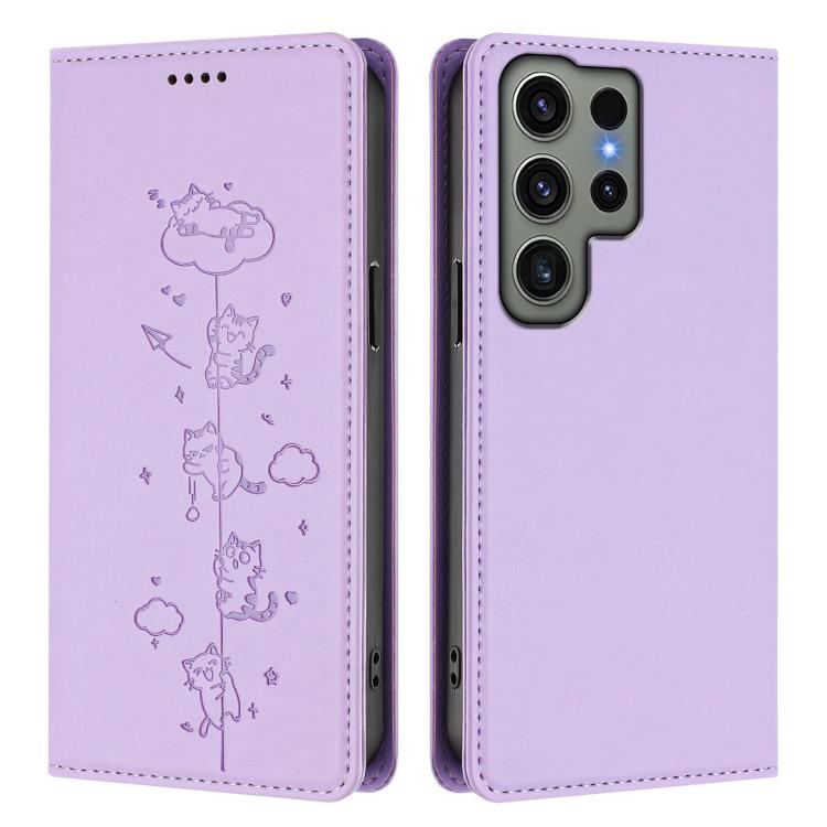 For Samsung Galaxy S23 Ultra 5G Cute Cats Embossed Magnetic RFID Vegan Leather Phone Case