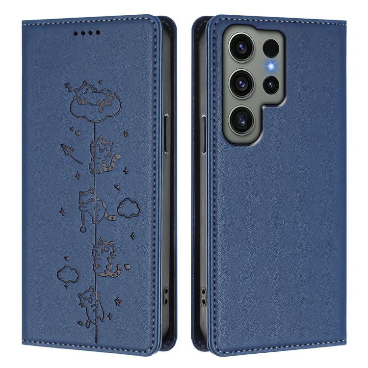 For Samsung Galaxy S23 Ultra 5G Cute Cats Embossed Magnetic RFID Vegan Leather Phone Case