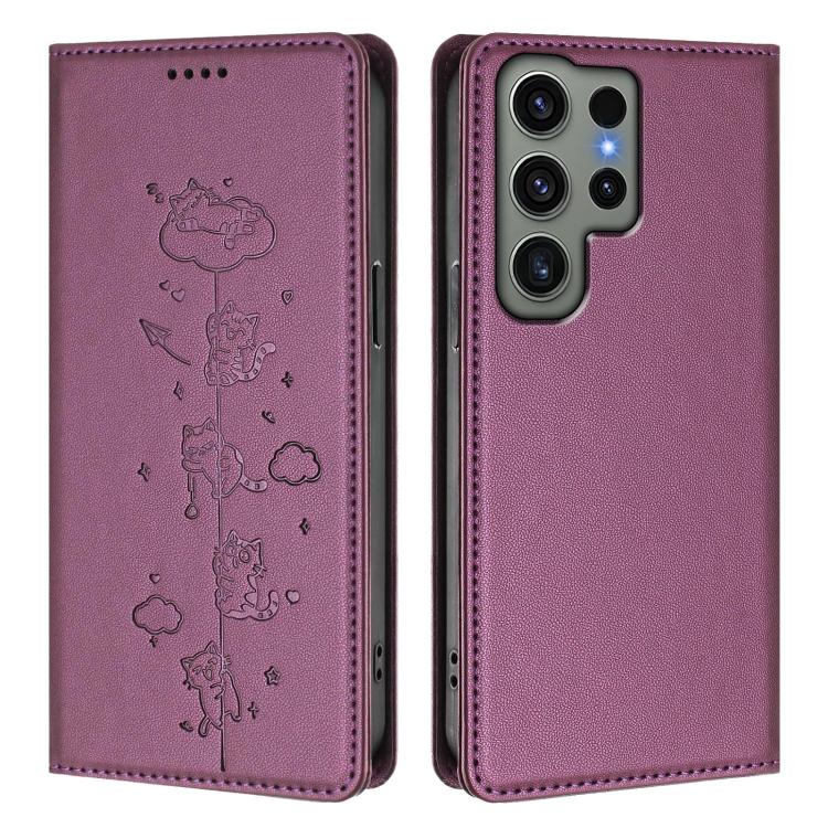 For Samsung Galaxy S23 Ultra 5G Cute Cats Embossed Magnetic RFID Vegan Leather Phone Case