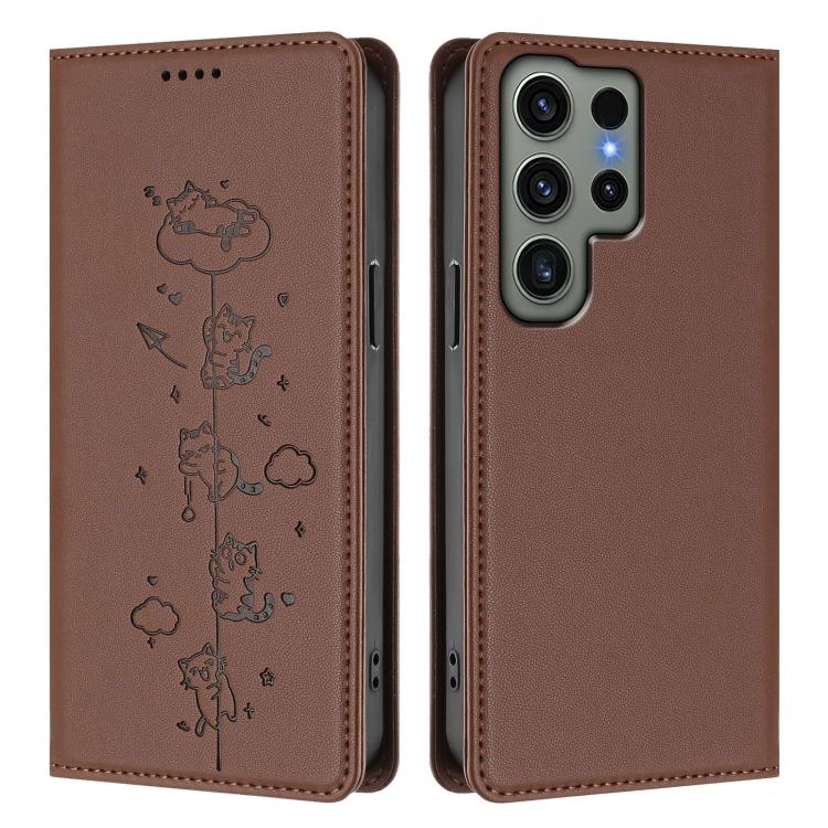 For Samsung Galaxy S23 Ultra 5G Cute Cats Embossed Magnetic RFID Vegan Leather Phone Case