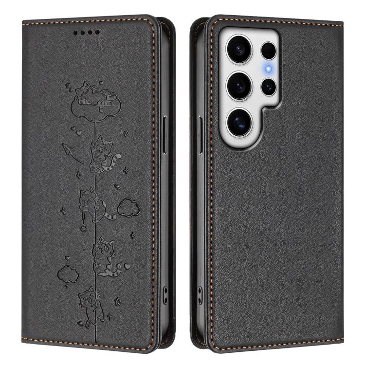 For Samsung Galaxy S24 Ultra 5G Cute Cats Embossed Magnetic RFID Vegan Leather Phone Case