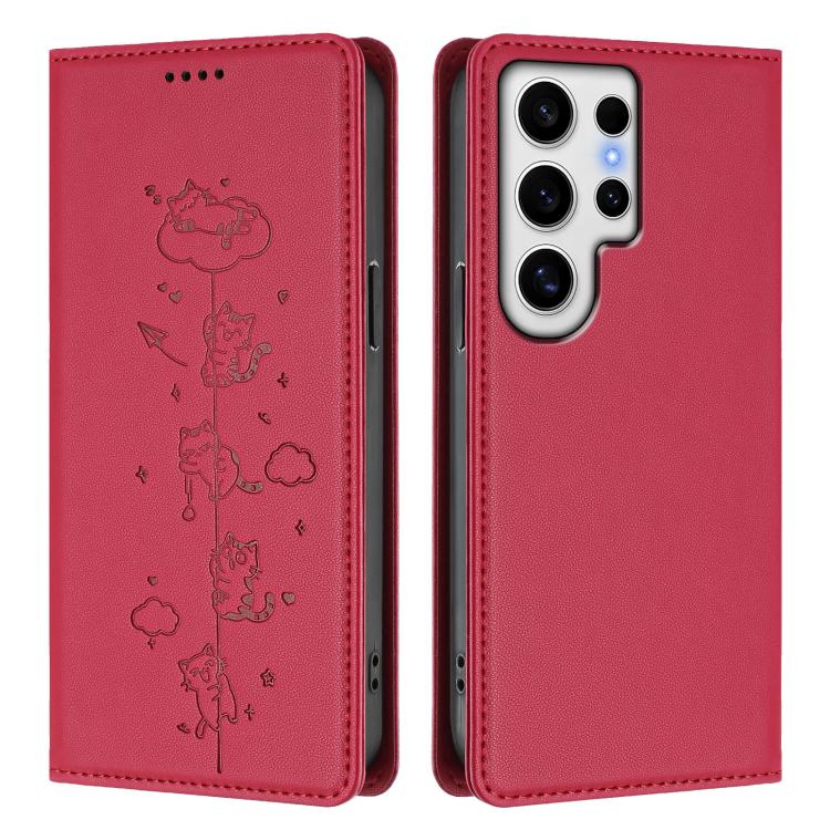 For Samsung Galaxy S24 Ultra 5G Cute Cats Embossed Magnetic RFID Vegan Leather Phone Case