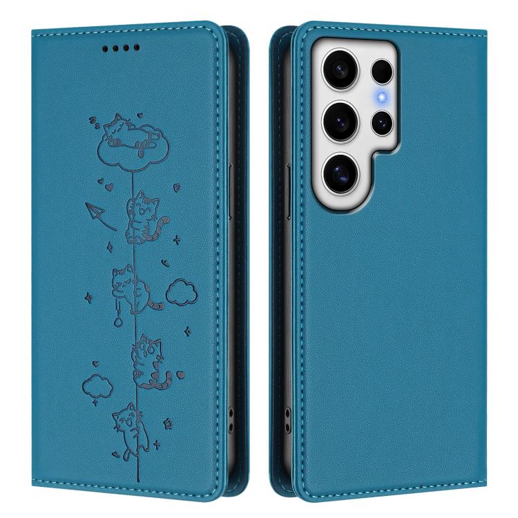 For Samsung Galaxy S24 Ultra 5G Cute Cats Embossed Magnetic RFID Vegan Leather Phone Case