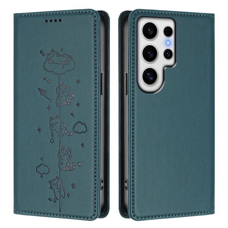 For Samsung Galaxy S24 Ultra 5G Cute Cats Embossed Magnetic RFID Vegan Leather Phone Case