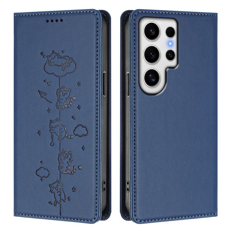 For Samsung Galaxy S24 Ultra 5G Cute Cats Embossed Magnetic RFID Vegan Leather Phone Case