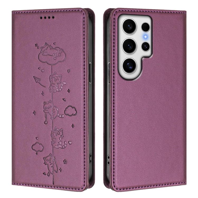 For Samsung Galaxy S24 Ultra 5G Cute Cats Embossed Magnetic RFID Vegan Leather Phone Case