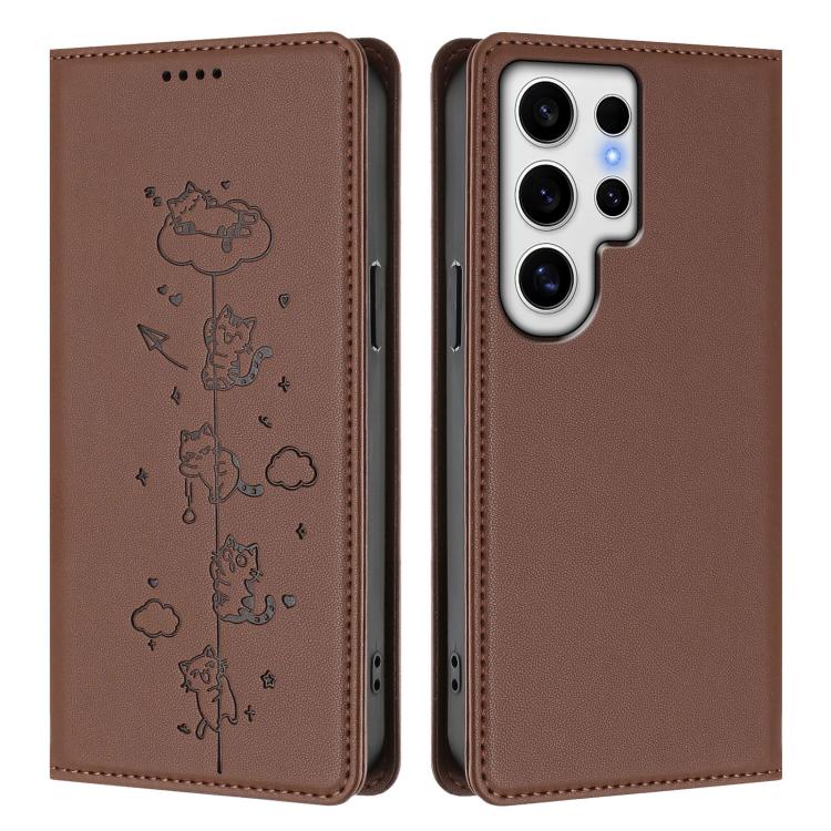 For Samsung Galaxy S24 Ultra 5G Cute Cats Embossed Magnetic RFID Vegan Leather Phone Case