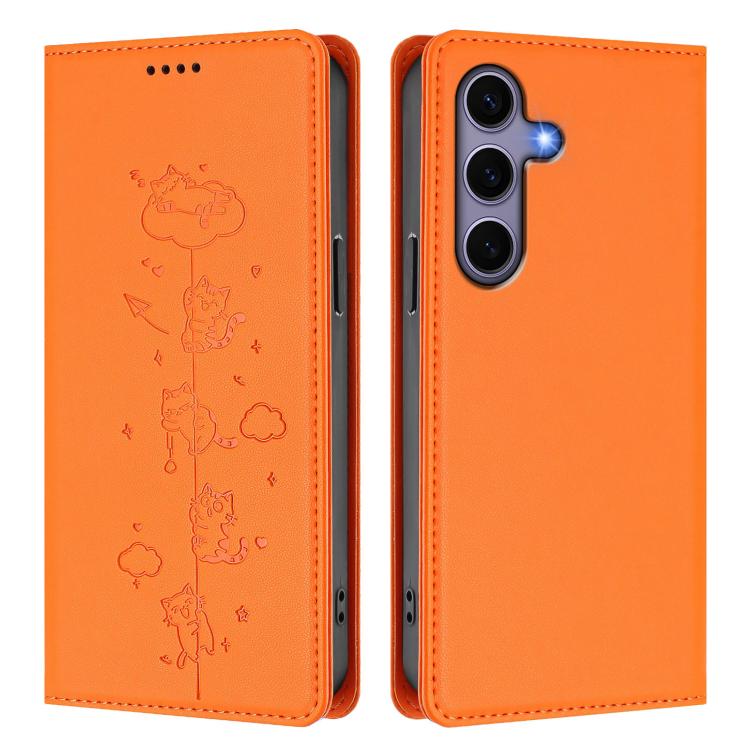 For Samsung Galaxy S25 / S24 5G Cute Cats Embossed Magnetic RFID Vegan Leather Phone Case