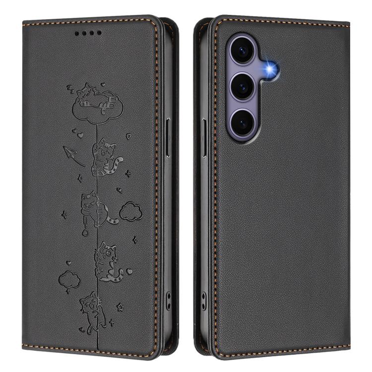 For Samsung Galaxy S25 / S24 5G Cute Cats Embossed Magnetic RFID Vegan Leather Phone Case