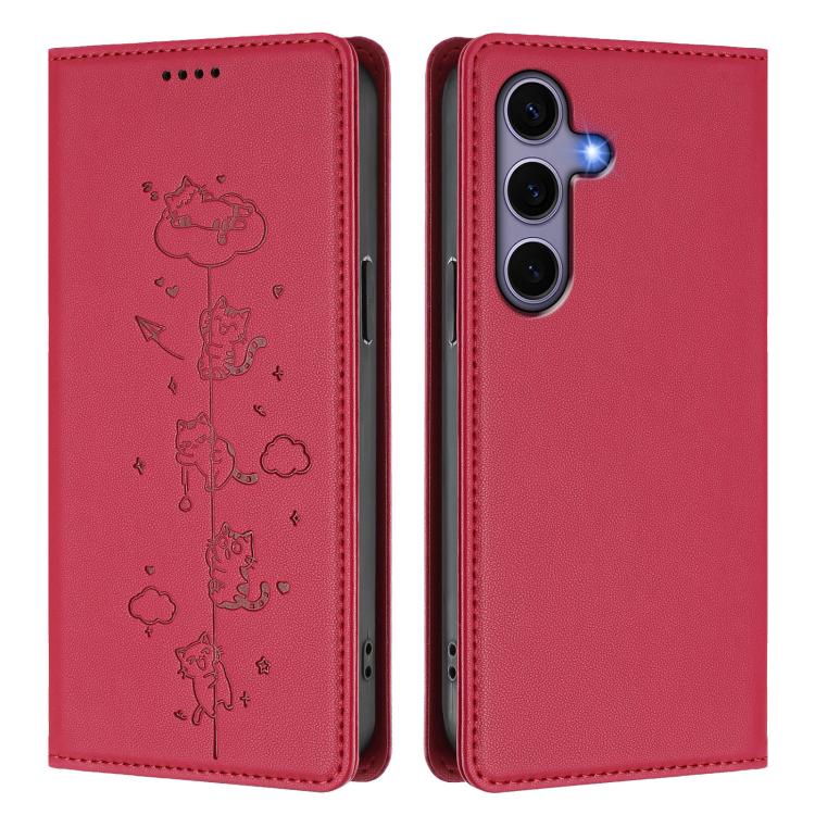 For Samsung Galaxy S25 / S24 5G Cute Cats Embossed Magnetic RFID Vegan Leather Phone Case