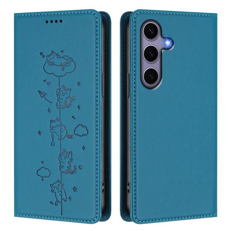 For Samsung Galaxy S25 / S24 5G Cute Cats Embossed Magnetic RFID Vegan Leather Phone Case