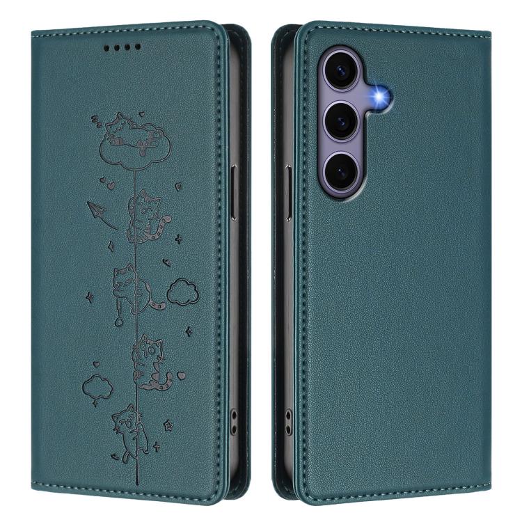 For Samsung Galaxy S25 / S24 5G Cute Cats Embossed Magnetic RFID Vegan Leather Phone Case