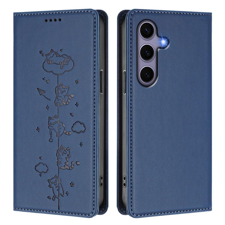For Samsung Galaxy S25 / S24 5G Cute Cats Embossed Magnetic RFID Vegan Leather Phone Case