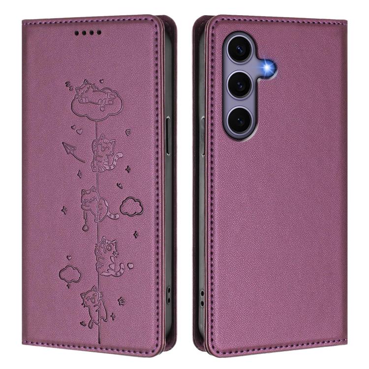 For Samsung Galaxy S25 / S24 5G Cute Cats Embossed Magnetic RFID Vegan Leather Phone Case
