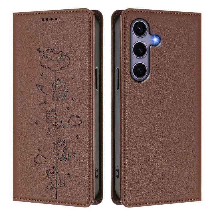 For Samsung Galaxy S25 / S24 5G Cute Cats Embossed Magnetic RFID Vegan Leather Phone Case