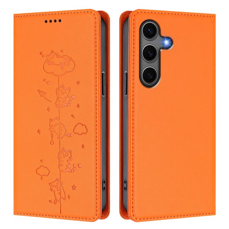 For Samsung Galaxy S25+ / S24+ 5G Cute Cats Embossed Magnetic RFID Vegan Leather Phone Case