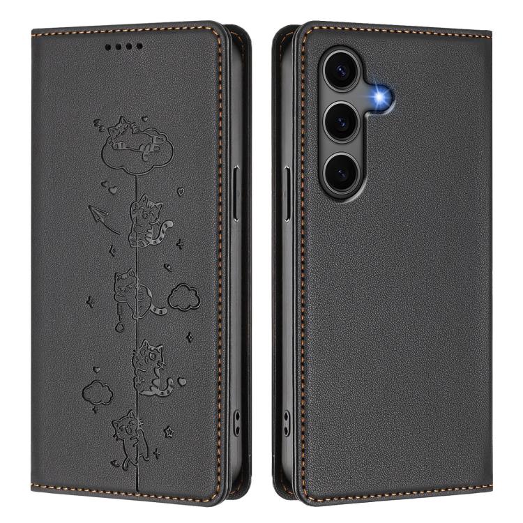 For Samsung Galaxy S25+ / S24+ 5G Cute Cats Embossed Magnetic RFID Vegan Leather Phone Case