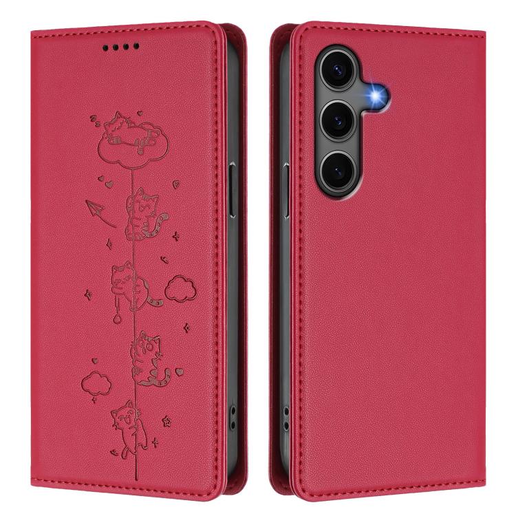 For Samsung Galaxy S25+ / S24+ 5G Cute Cats Embossed Magnetic RFID Vegan Leather Phone Case