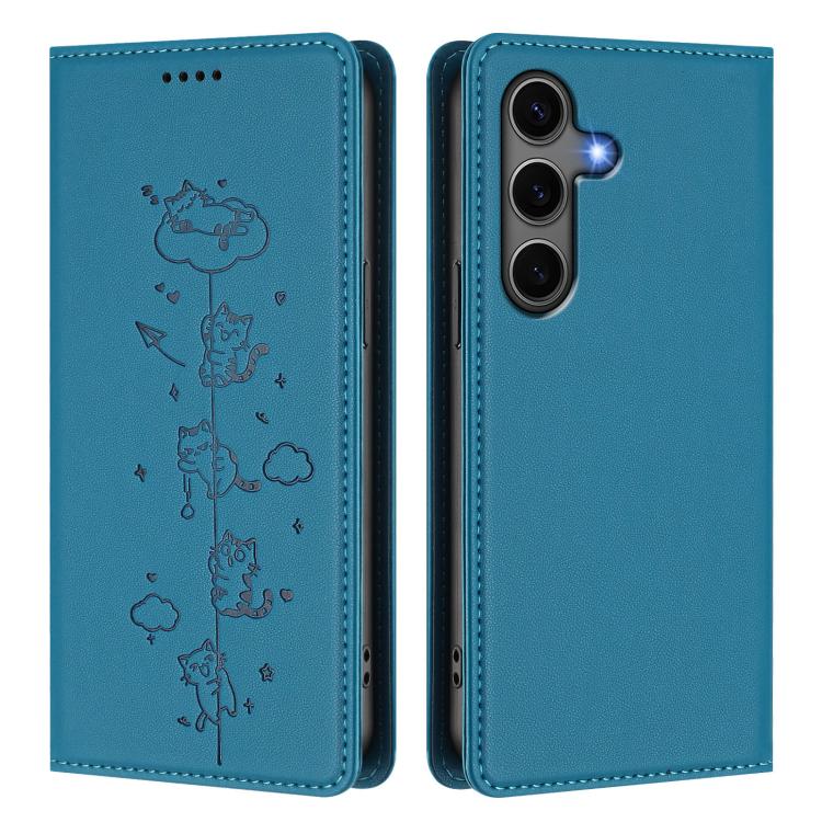 For Samsung Galaxy S25+ / S24+ 5G Cute Cats Embossed Magnetic RFID Vegan Leather Phone Case