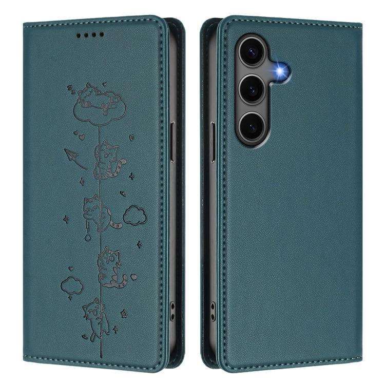 For Samsung Galaxy S25+ / S24+ 5G Cute Cats Embossed Magnetic RFID Vegan Leather Phone Case