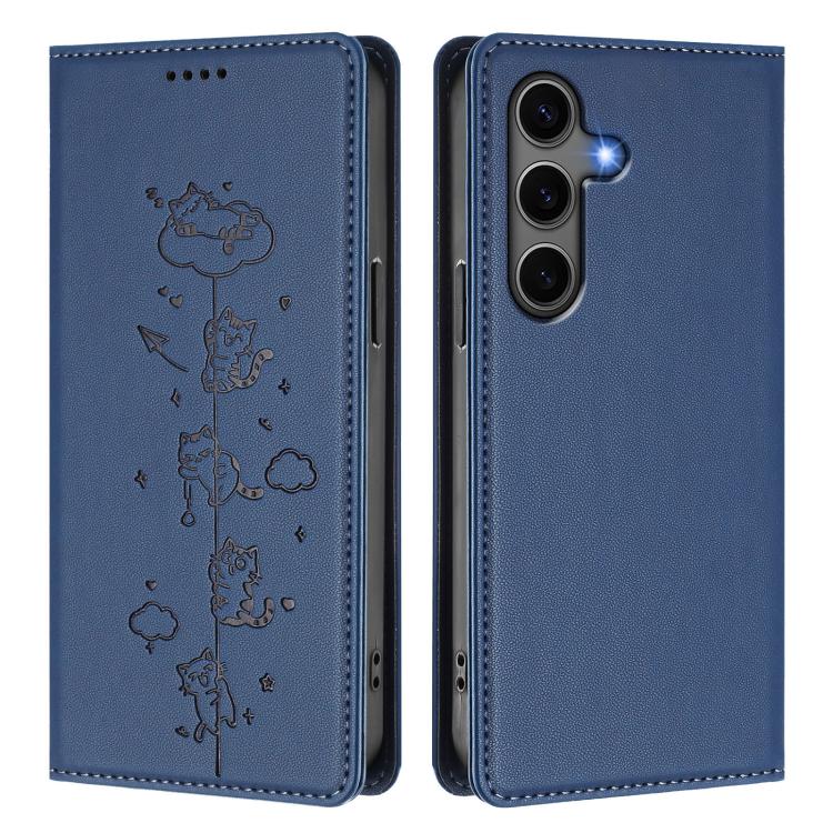 For Samsung Galaxy S25+ / S24+ 5G Cute Cats Embossed Magnetic RFID Vegan Leather Phone Case
