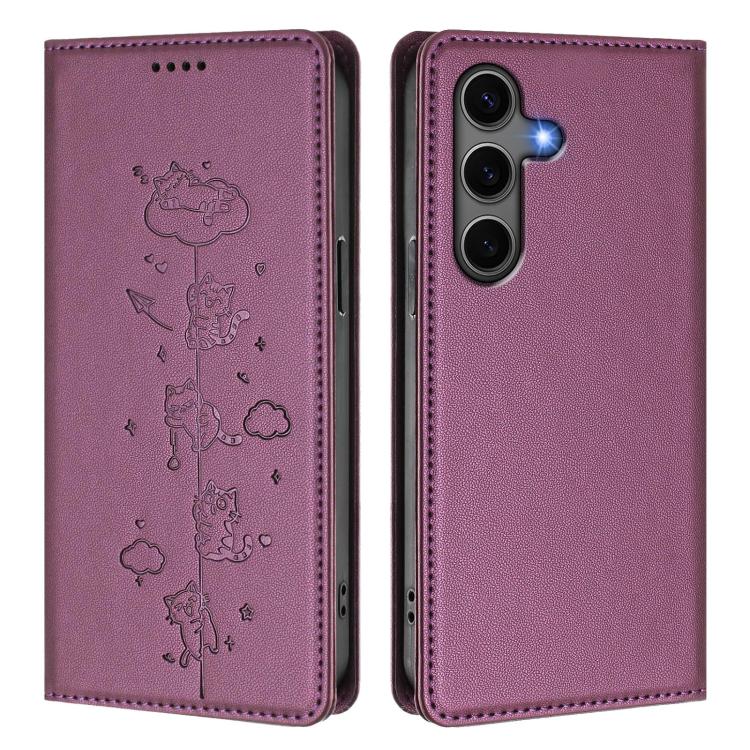 For Samsung Galaxy S25+ / S24+ 5G Cute Cats Embossed Magnetic RFID Vegan Leather Phone Case
