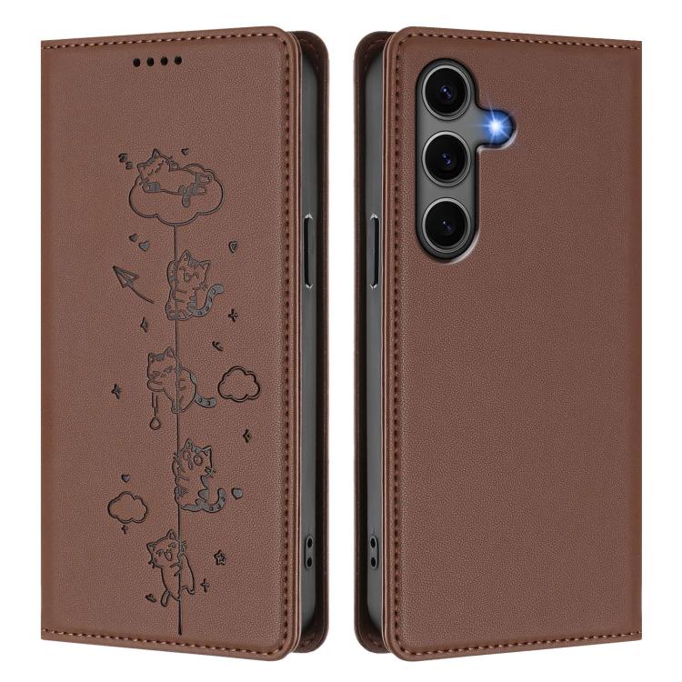 For Samsung Galaxy S25+ / S24+ 5G Cute Cats Embossed Magnetic RFID Vegan Leather Phone Case