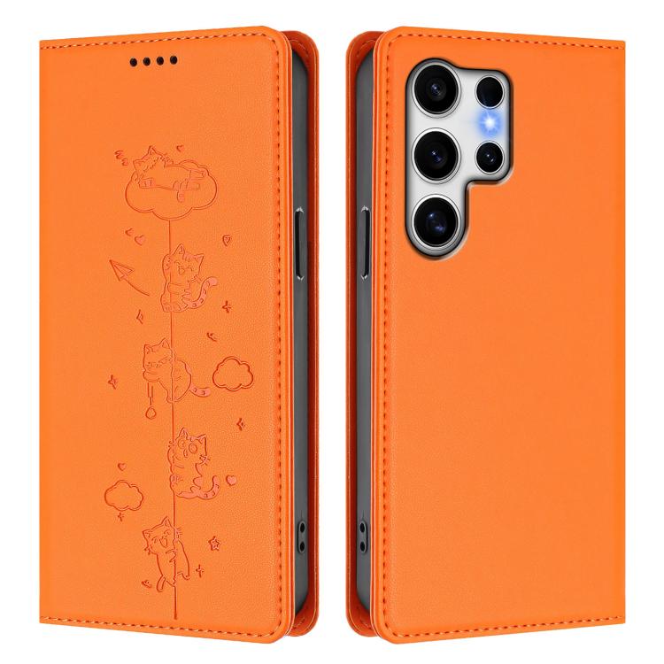 For Samsung Galaxy S25 Ultra 5G Cute Cats Embossed Magnetic RFID Vegan Leather Phone Case