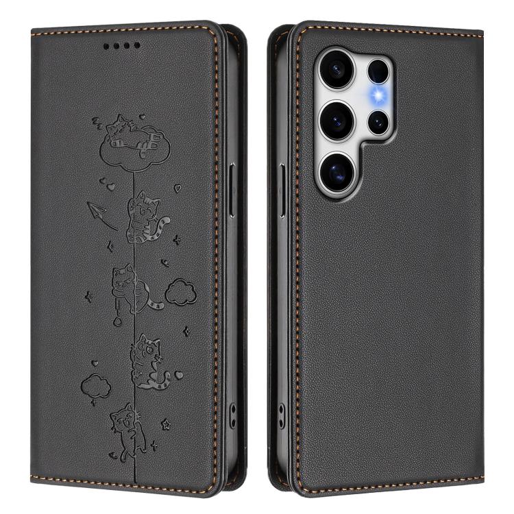 For Samsung Galaxy S25 Ultra 5G Cute Cats Embossed Magnetic RFID Vegan Leather Phone Case