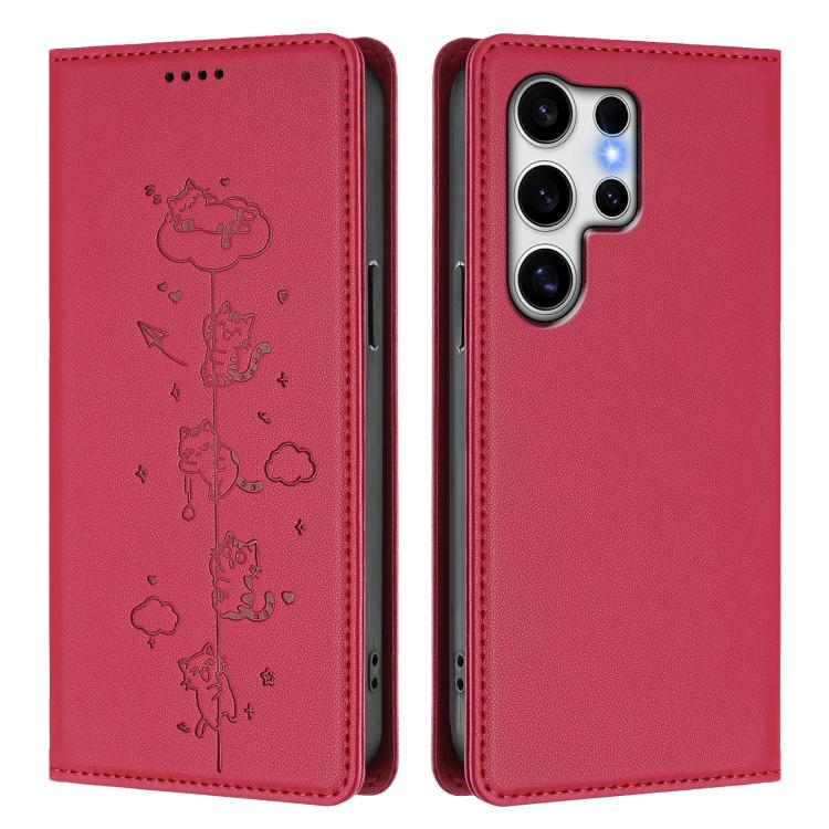 For Samsung Galaxy S25 Ultra 5G Cute Cats Embossed Magnetic RFID Vegan Leather Phone Case