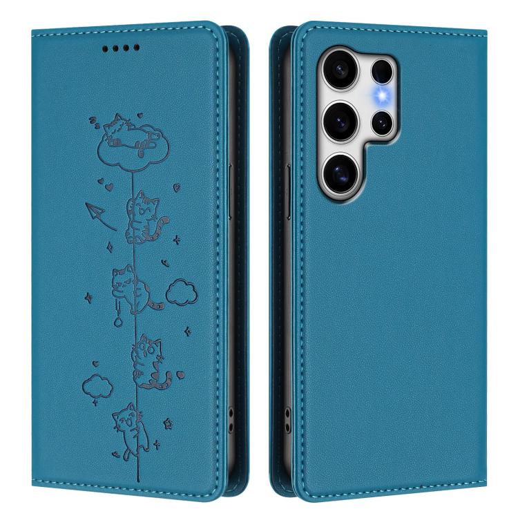 For Samsung Galaxy S25 Ultra 5G Cute Cats Embossed Magnetic RFID Vegan Leather Phone Case