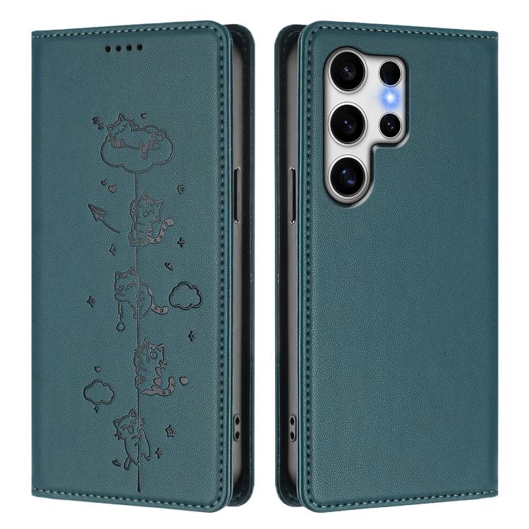 For Samsung Galaxy S25 Ultra 5G Cute Cats Embossed Magnetic RFID Vegan Leather Phone Case