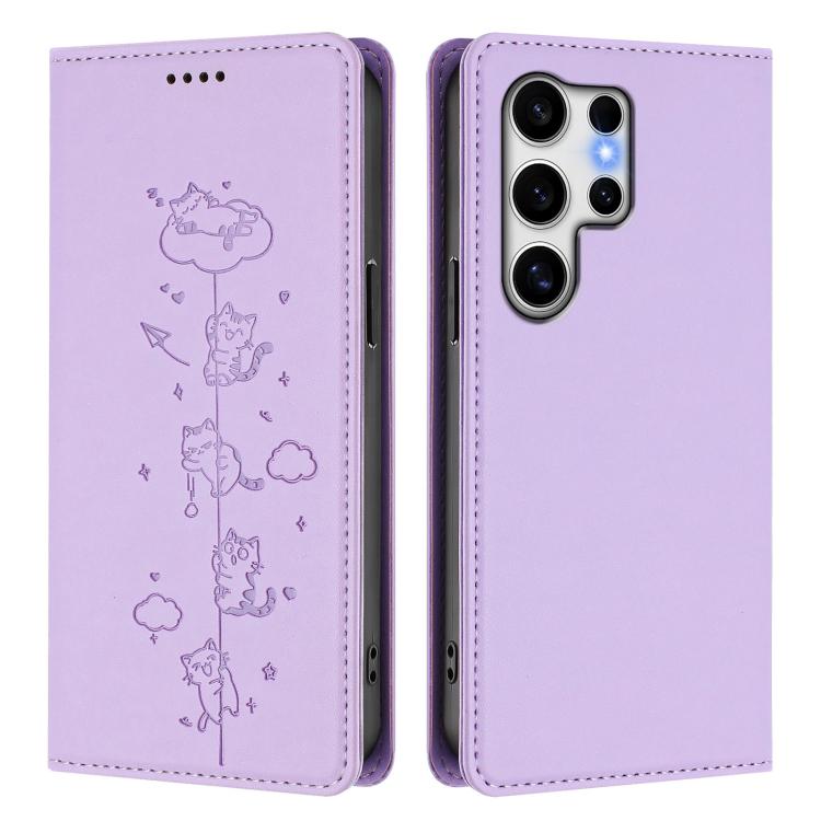 For Samsung Galaxy S25 Ultra 5G Cute Cats Embossed Magnetic RFID Vegan Leather Phone Case
