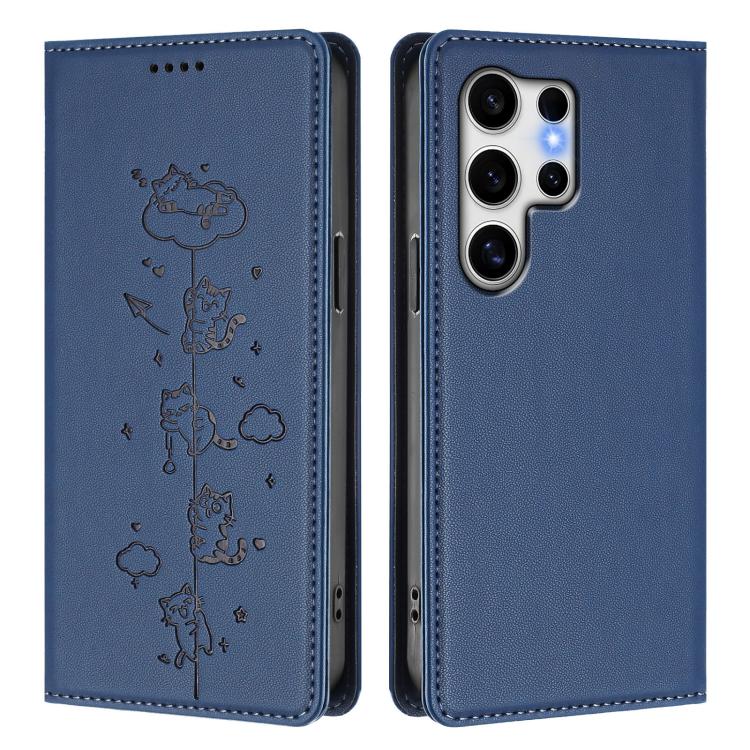 For Samsung Galaxy S25 Ultra 5G Cute Cats Embossed Magnetic RFID Vegan Leather Phone Case