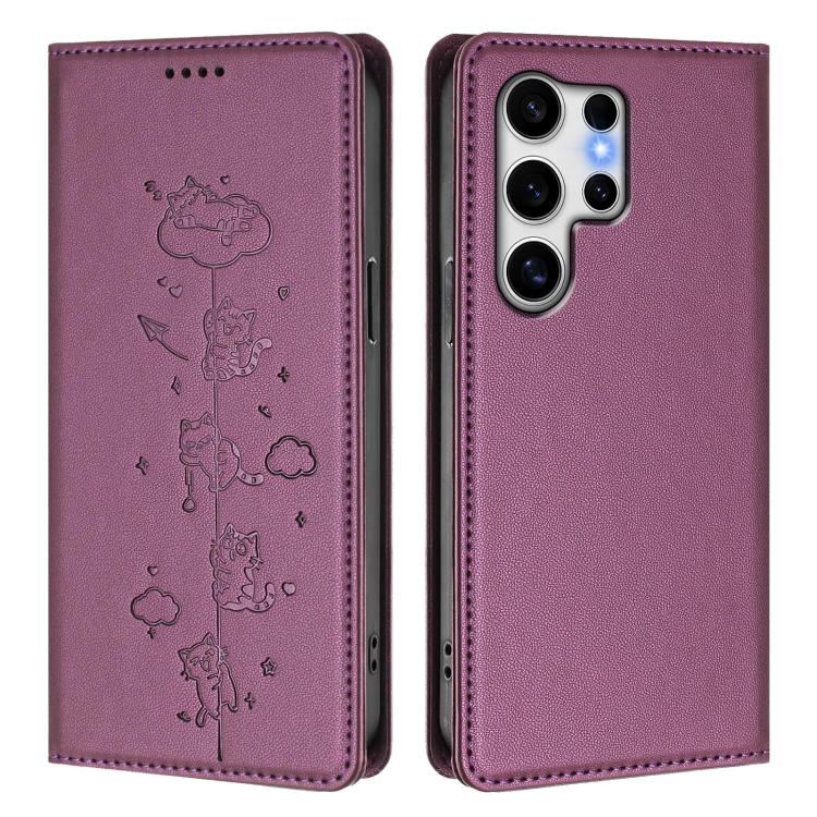 For Samsung Galaxy S25 Ultra 5G Cute Cats Embossed Magnetic RFID Vegan Leather Phone Case