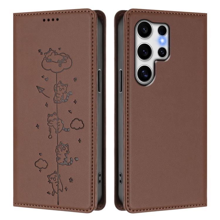 For Samsung Galaxy S25 Ultra 5G Cute Cats Embossed Magnetic RFID Vegan Leather Phone Case