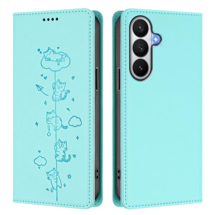 For Samsung Galaxy S26 5G Cute Cats Embossed Magnetic RFID Vegan Leather Phone Case