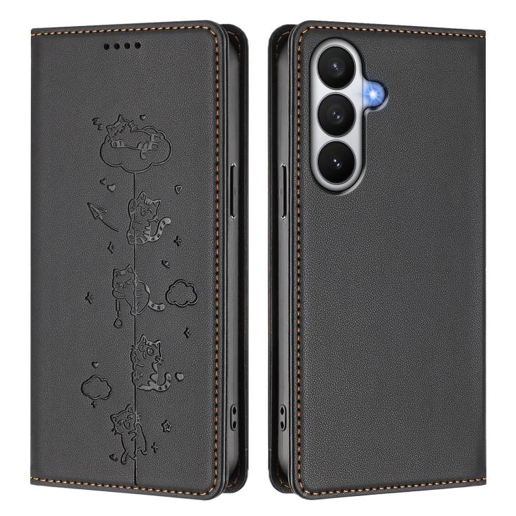 For Samsung Galaxy S26 5G Cute Cats Embossed Magnetic RFID Vegan Leather Phone Case