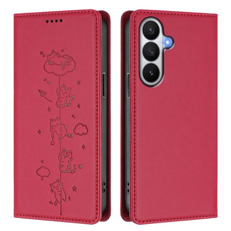 For Samsung Galaxy S26 5G Cute Cats Embossed Magnetic RFID Vegan Leather Phone Case