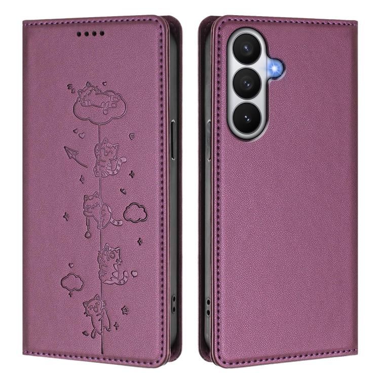 For Samsung Galaxy S26 5G Cute Cats Embossed Magnetic RFID Vegan Leather Phone Case